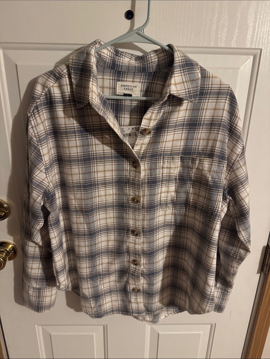 American Eagle Outfitters Tops - American Eagle Outfitters Cream, Blue & Brown Plaid Button-Down Shirt